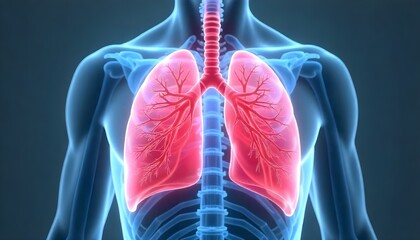 Una ilustración del sistema respiratorio humano, que incluye los pulmones, la caja torácica y la parte superior del torso, representada en un estilo de arte digital centrado en la precisión anatómica 