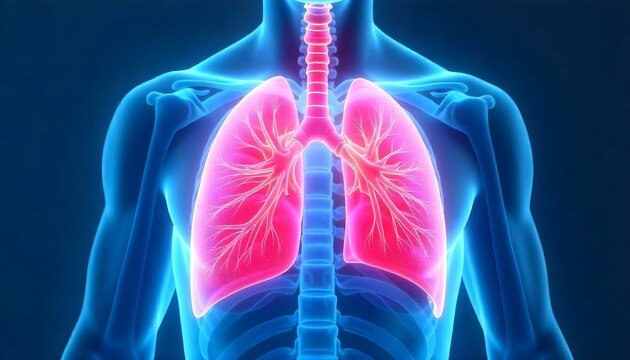 Una ilustraci&oacute;n del sistema respiratorio humano, que incluye los pulmones, la caja tor&aacute;cica y la parte superior del torso, representada en un estilo de arte digital centrado en la precisi&oacute;n anat&oacute;mica 