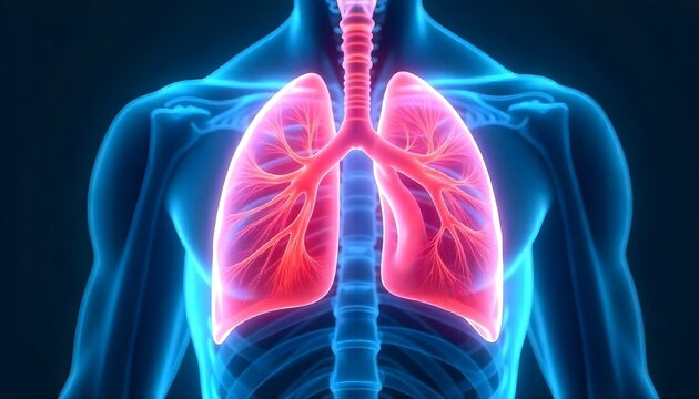 Una ilustraci&oacute;n del sistema respiratorio humano, que incluye los pulmones, la caja tor&aacute;cica y la parte superior del torso, representada en un estilo de arte digital centrado en la precisi&oacute;n anat&oacute;mica 