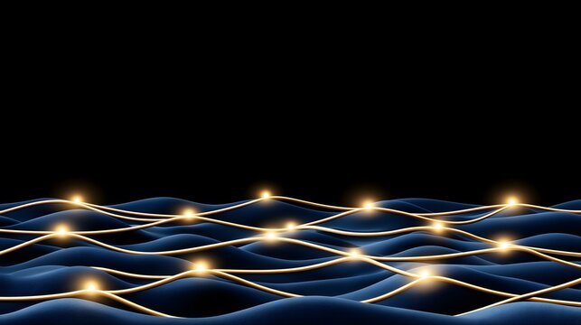 Glowing golden lines curve across a dark blue, undulating surface, creating an elegant and abstract design.