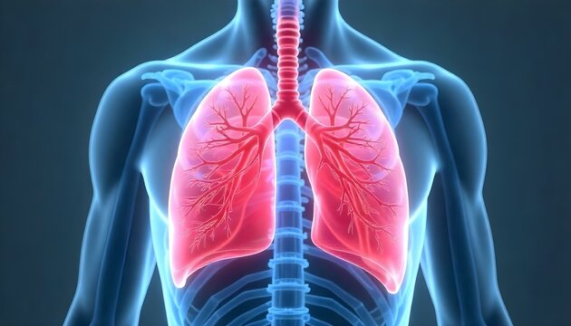 Una ilustraci&oacute;n del sistema respiratorio humano, que incluye los pulmones, la caja tor&aacute;cica y la parte superior del torso, representada en un estilo de arte digital centrado en la precisi&oacute;n anat&oacute;mica 