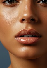 Naklejka premium Glossy Lips and Glowing Skin Close-Up | Natural Makeup Micro Portrait