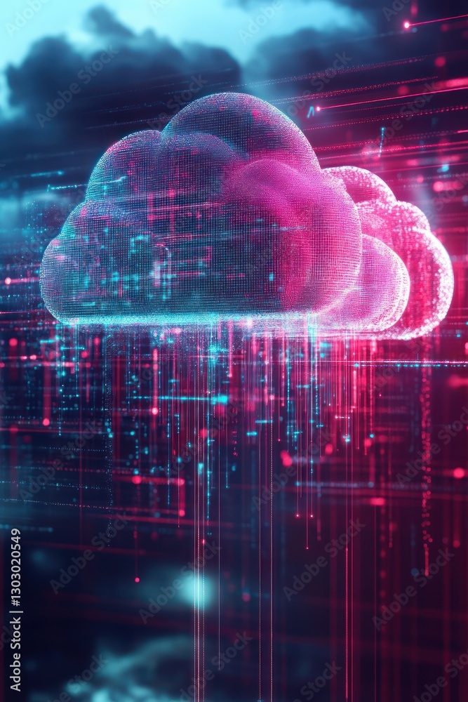 Poster digital cloud with data streams in futuristic setting