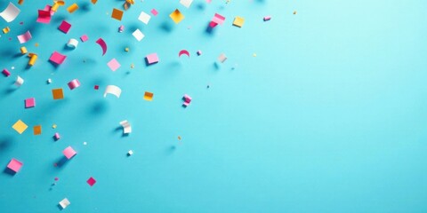 Colorful confetti falling on a light blue background, celebrating a joyous occasion, perfect for festive designs and celebrations.