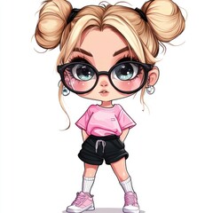 chibi, bratz style illustration, portrait of a young girl wearing large-framed glasses, stud earrings, blonde hair, with different tones in space buns. She is standing in a fashion 