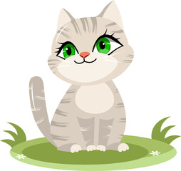 Cute animals. Vector cats. A tabby kitten is sitting on the grass. Vector animals collection. Children flat vector illustrations.