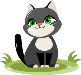 Cute animals. Vector cats. A black kitten is sitting on the grass. Vector animals collection. Children flat vector illustrations.