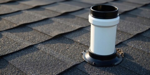 Close-up view of a newly installed white ventilation pipe on a dark gray asphalt shingle roof.
