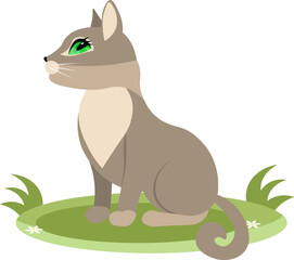 Cute animals. Vector cats. A grey cat is sitting on the grass. Vector animals collection. Children flat vector illustrations.