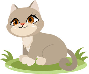 Cute animals. Vector cats. A cute gray kitten is sitting on the grass. Vector animals collection. Children flat vector illustrations.