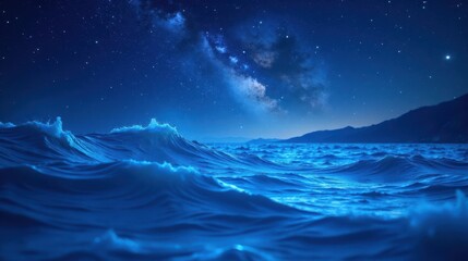 Fototapeta premium Serene Nightscape Ocean Waves Under a Starlit Sky with a Distant Shoreline