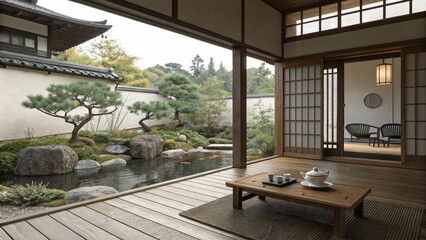 Fototapeta premium Japanese Zen Balcony with Rock Garden and Koi Pond