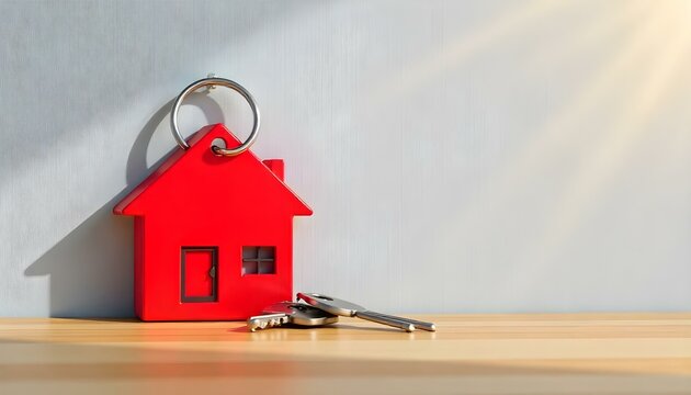 Una representaci&oacute;n digital muestra un llavero rojo con forma de casa y dos llaves plateadas contra una pared gris texturizada, colocada sobre una superficie de madera