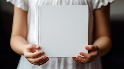  A young child holds a blank white square hard cover children's book