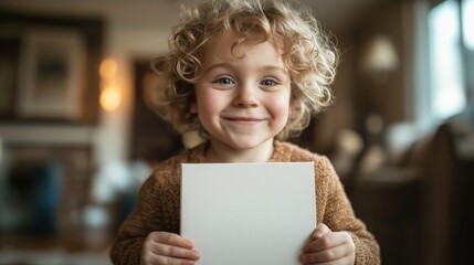 A cheerful young child with curly hair smiles brightly while holding a blank square book