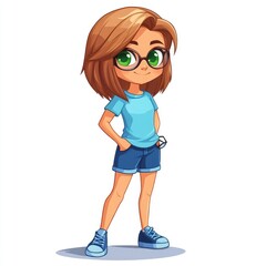 Create a superhero type avatar of an 7 year old girl who is about to embark on a series of challenges. Straight light brown hair in a long bob hairstyle. 
