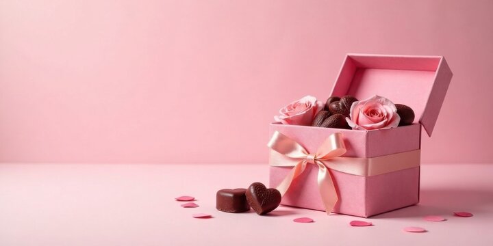 Pink gift box filled with assorted chocolates and delicate roses, a sweet romantic gesture