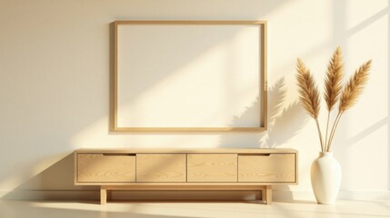 Sunlit Minimalist Interior Design Featuring a Light Wooden Console Table and Pampas Grass