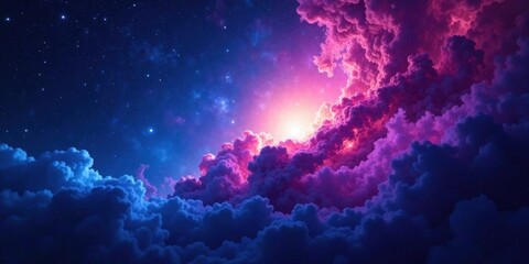 A Celestial Canvas Vivid Hues of Purple and Blue Clouds Illuminated by a Radiant Light Above a Starry Night Sky