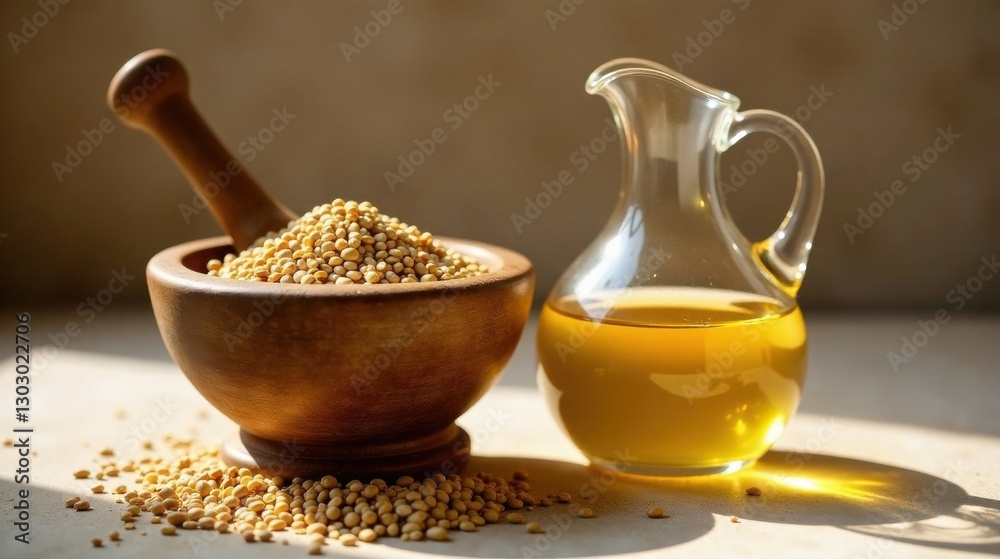 Aufkleber golden soybean oil and seeds in rustic bowl and pitcher