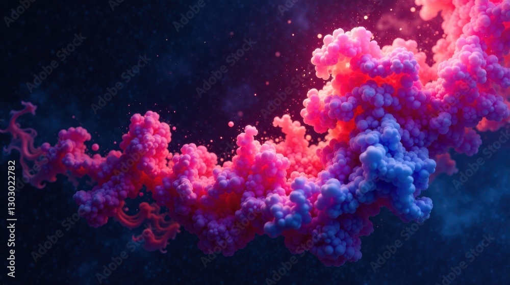 Poster abstract pink and purple globules floating in a dark space, resembling a cosmic nebula or a microsco