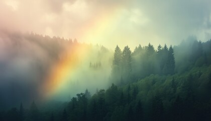 Obraz premium Serene Image Of A Rainbow Peeking Through Mist Over A Forest, Suggesting Calm And Beauty In Nature Following A Shower.