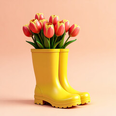 red and yellow tulips in yellow rain boots