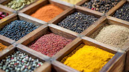 Various spices of different colors and textures are arranged in wooden trays, showcasing the diversity available at a local market