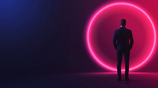 Silhouette of a man standing in a glowing circular backdrop.