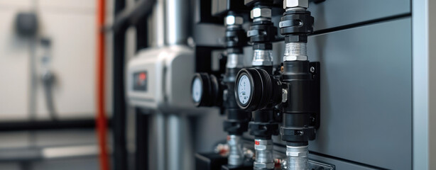 Detailed look at the central layout of plumbing and control components for residential systems, highlighting gauges and valves