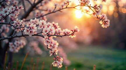 Fototapeta premium Blooming cherry blossoms in warm golden light, delicate pink petals, rustic branches, soft-focus bokeh background with teal hues, tranquil spring nature scene, elegant and peaceful floral composition