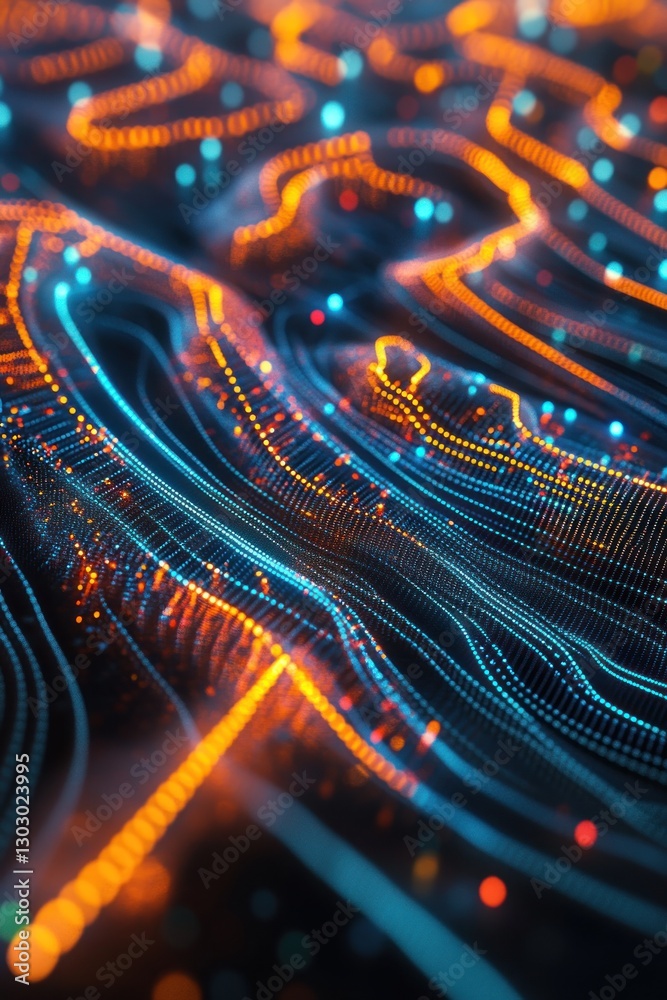 Poster abstract representation of flowing data streams with vibrant orange and blue light trails, creating 