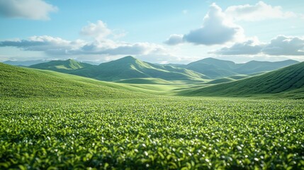 Lush green tea fields, rolling hills, sunny day, scenic vista
