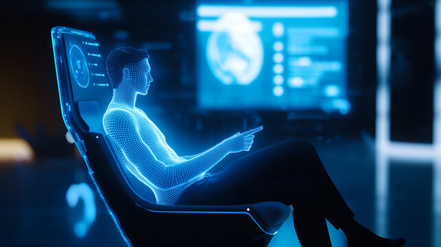 Futuristic digital workspace with a woman using a computer, emphasizing technology and cybersecurity