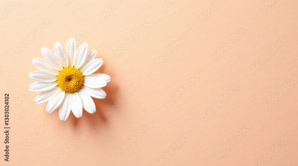 Poster a single daisy rests on a soft peach background, creating a minimalist floral image perfect for gree
