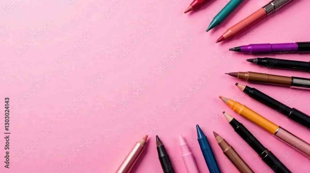 Poster A Colorful Array of Writing Instruments Arranged on a Pink Surface, Providing Ample Space for Text or Design Elements