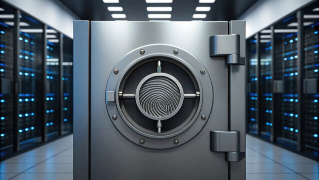 secure vault with biometric fingerprint scanner in data center