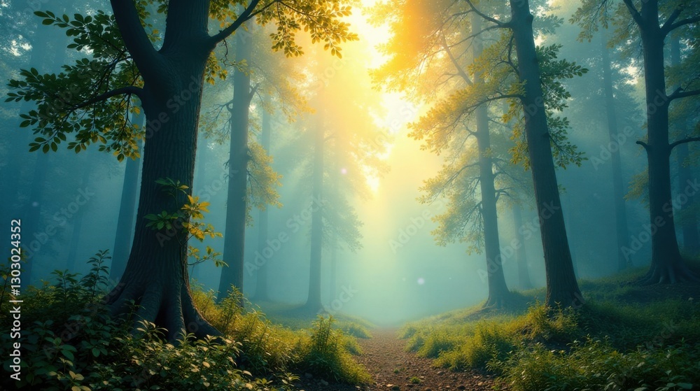 Aufkleber sunlit path through a mystical foggy forest with lush green undergrowth and tall trees