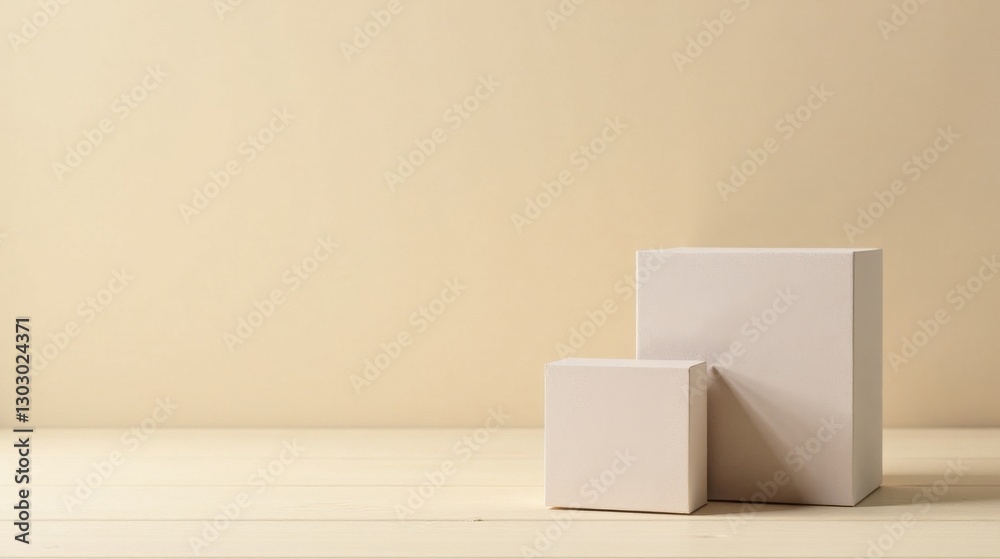 Poster minimalist display featuring two off-white boxes on a pale wood surface against a neutral backdrop
