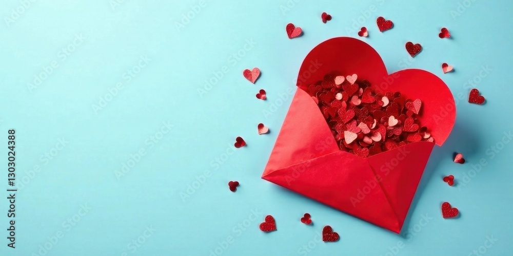 Aufkleber Red heart-shaped envelope overflowing with tiny hearts on a light blue background