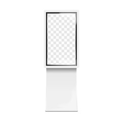 LCD monitor TV stand. Front view. 3d mockup. Video digital display billboard banner or interactive touch screen self-service kiosk on metal base. Realistic vector mock-up. Easy editable template