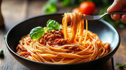 A hand twirls perfectly cooked spaghetti, garnished with fresh basil and rich meat sauce, set against a rustic wooden table adorned with fresh ingredients and warm lighting