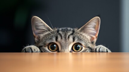 Adorable folded ear cat curiously peeking over a table in a realistic photograph