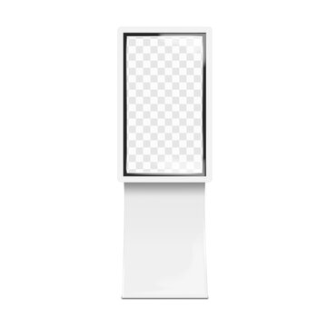 LCD monitor TV stand. Front view. 3d mockup. Video digital display billboard banner or interactive touch screen self-service kiosk on metal base. Realistic vector mock-up. Easy editable template