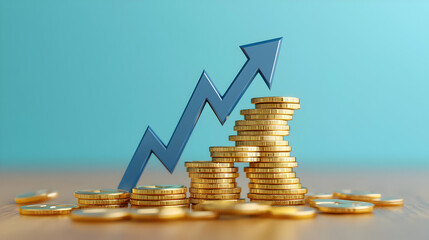 Growth Chart with Coins and Arrow on Wooden Surface