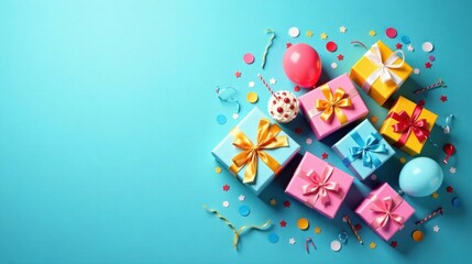 Obraz premium Joyful Celebration Colorful Presents, Balloons, and Festive Confetti on a Vibrant Blue Background