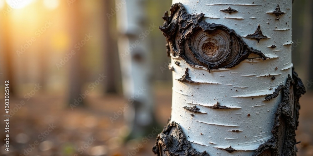 Poster close-up view of a birch tree trunk, showcasing its distinctive bark texture and a unique knot forma