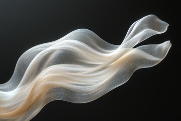 Abstract flowing fabric texture: delicate white and beige waves on dark background