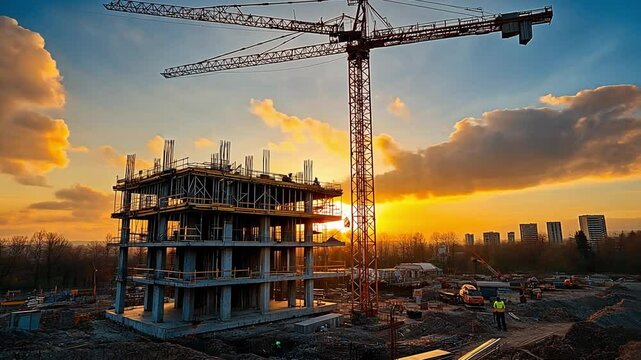 Building Under Golden Hour: Capturing the vibrant scene of an under construction building at sunset with a gigantic construction crane, casting long shadows, and a panorama of the city skyline.