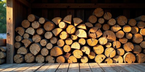 Golden Hour Woodpile Stacked Logs in a Rustic Wooden Shed, Bathed in Warm Sunlight